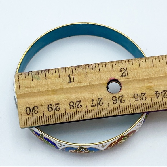 Vintage Cloisonne Flower Enamel Gold Tone Outlines Substantial Bangle Bracelet - Picture 4 of 12